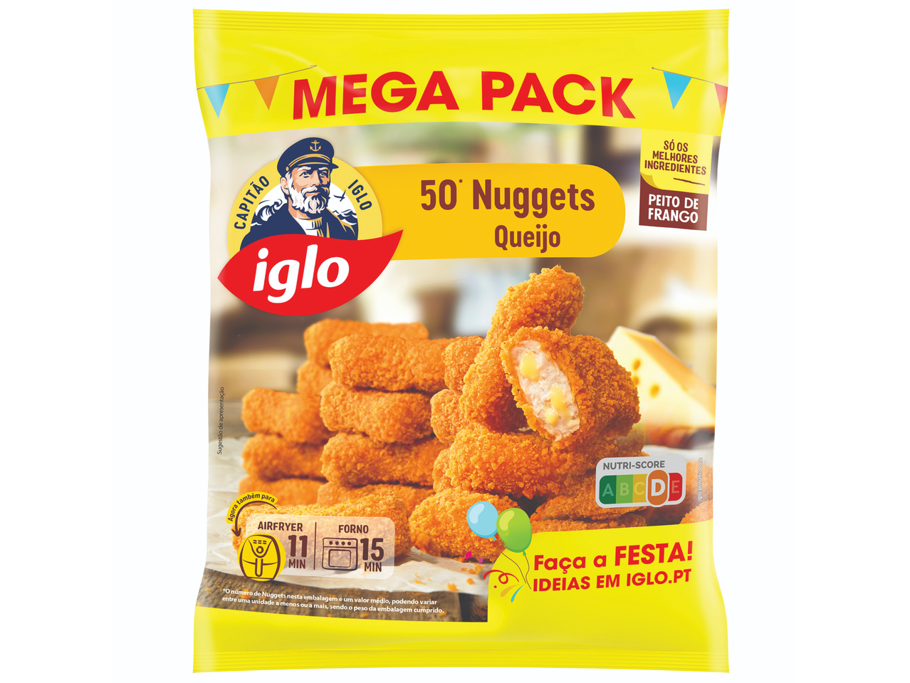 Embalagem de nuggets de frango com queijo, com a indicação 'MEGA PACK 50 Nuggets Queijo'.