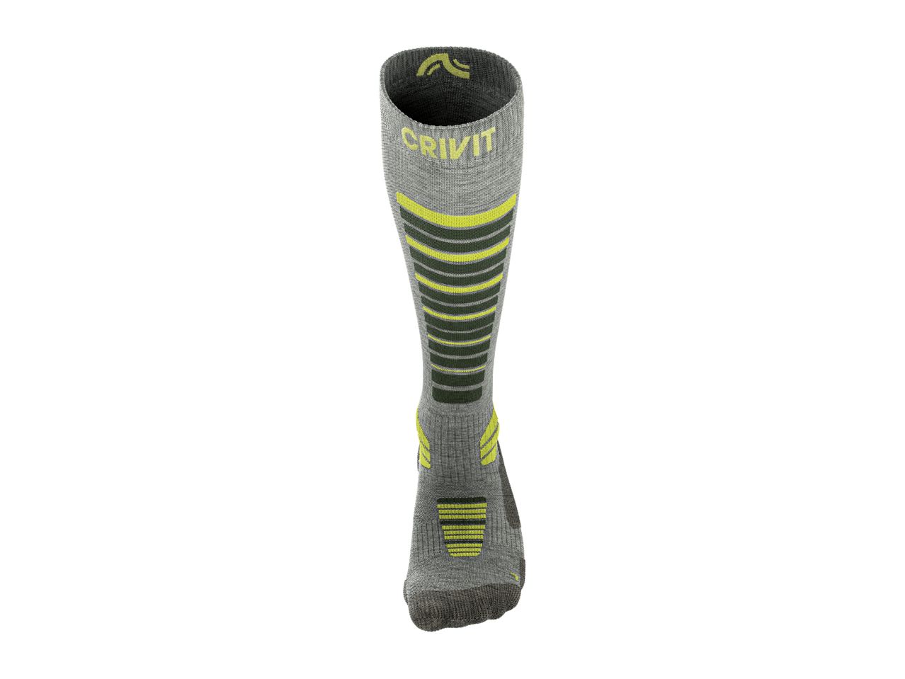 A single gray and neon yellow Crivit ski sock with horizontal stripes.