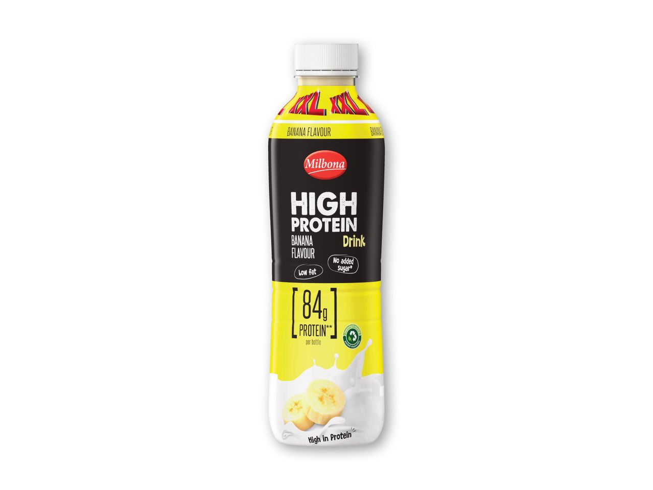 Milbona High Protein banandrik med 84g protein og lavt fedtindhold.