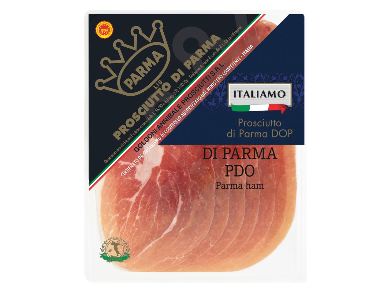 Csomagolt Prosciutto di Parma DOP sonka, Goldoni Annibale Prosciutti S.R.L. márkájú.