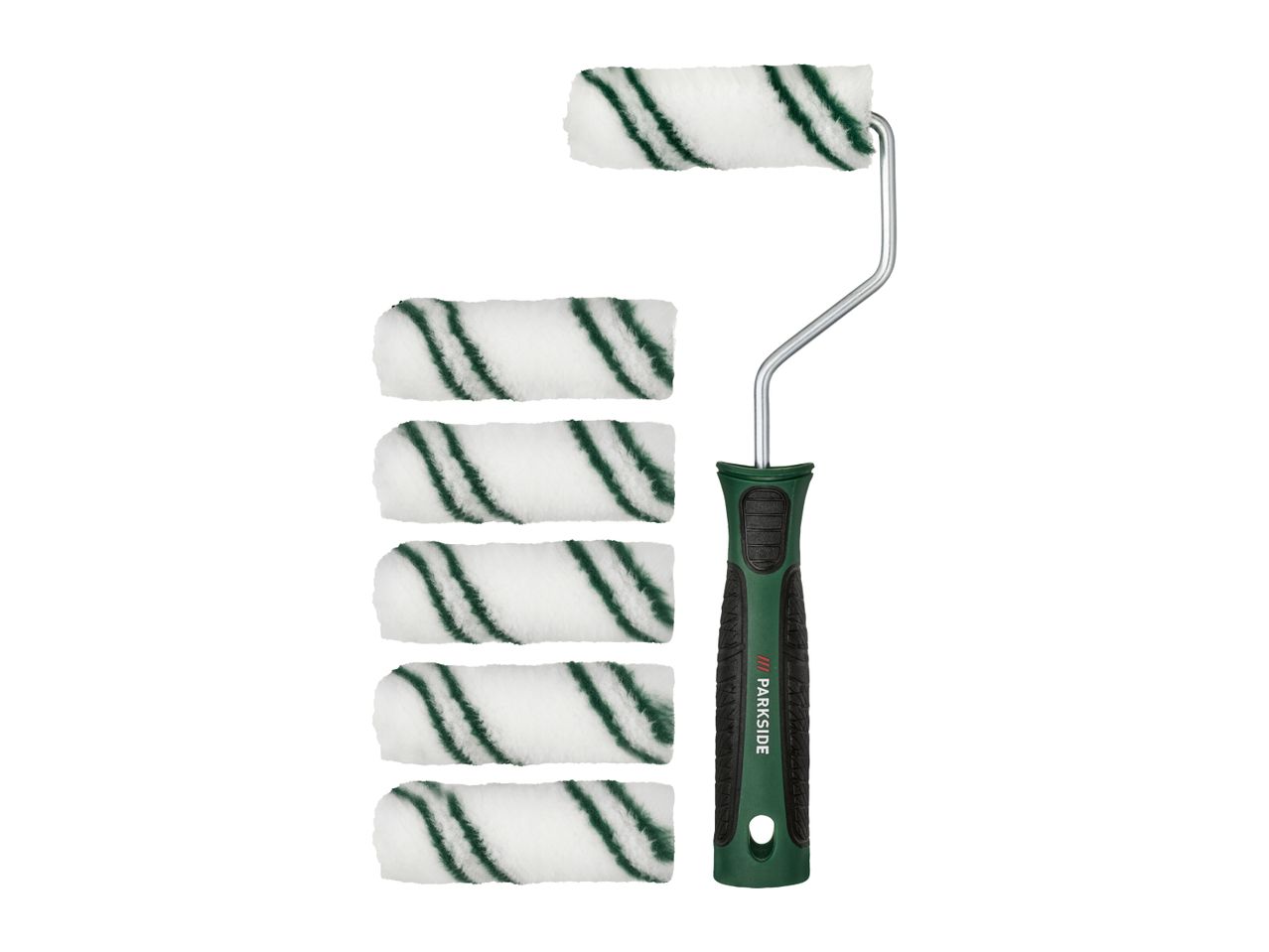 Paint roller with six replacement roller covers, white with green stripes