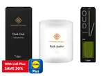 Three home fragrance products: a dark oud reed diffuser, a rich amber candle, and an oud reed diffuser, with a Lidl Plus discount offer.