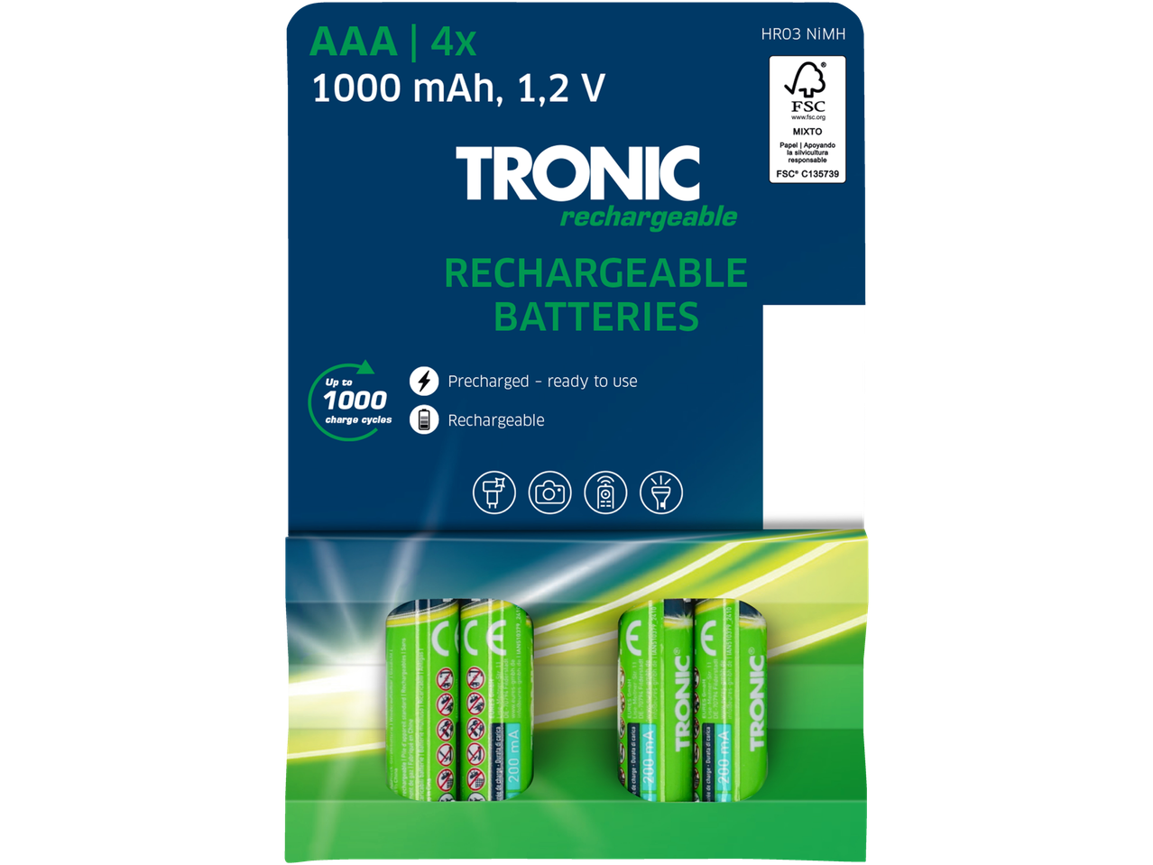Пакет од 4 AAA TRONIC пуњиве батерије, 1000 mAh.