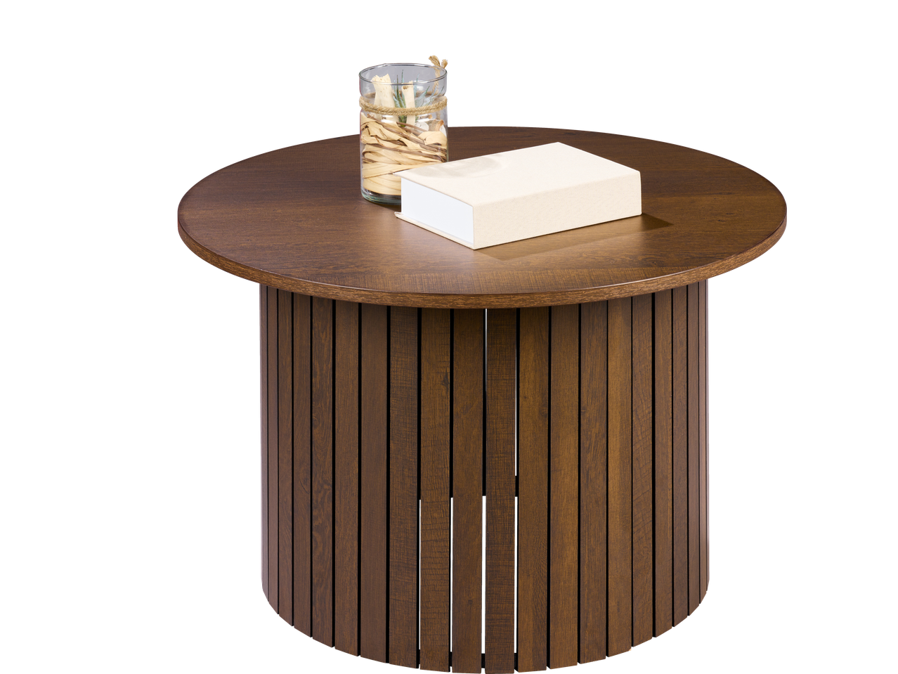 Round wooden coffee table with a book and a decorative jar on top.