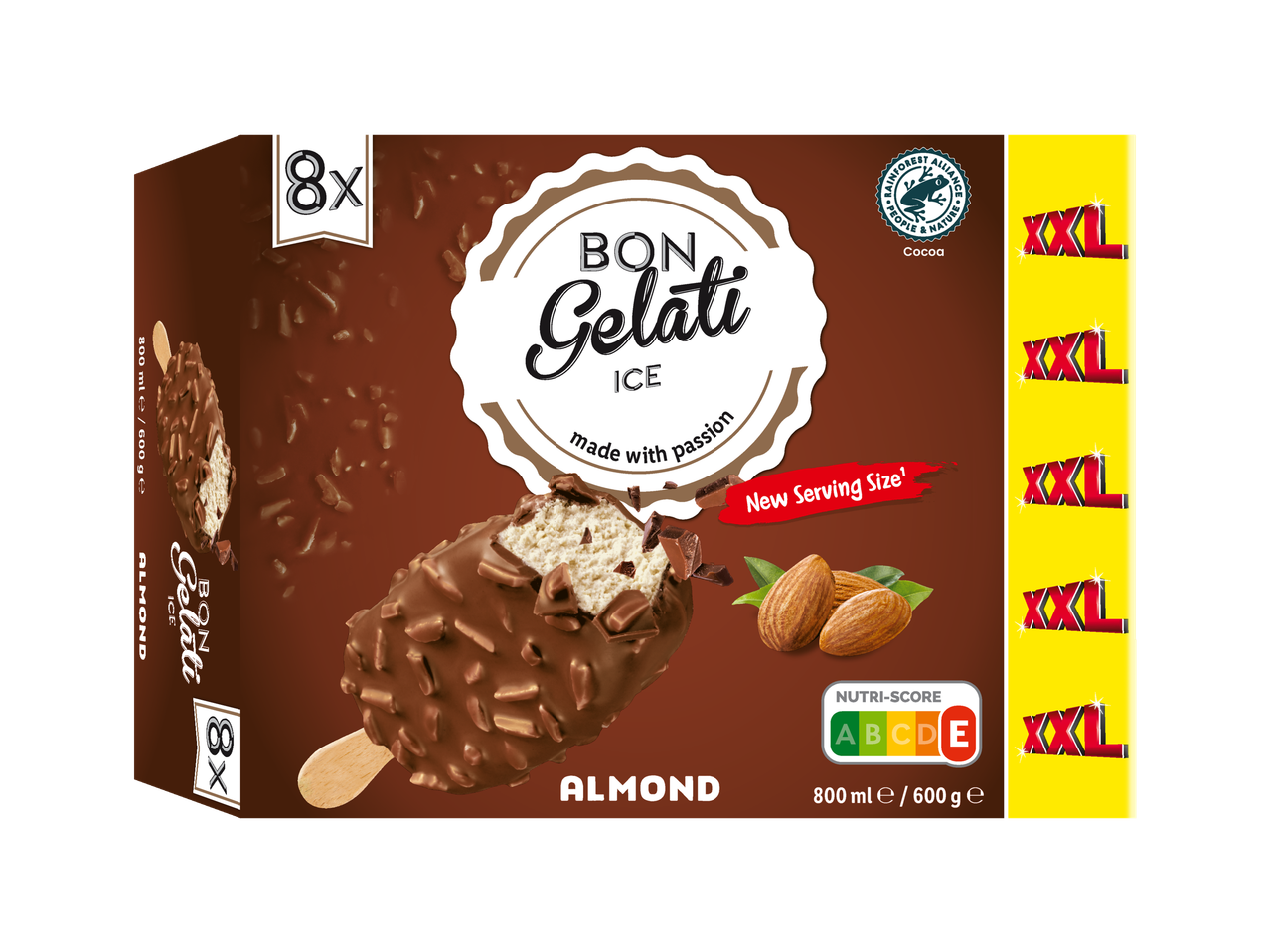 Boîte de 8 bâtonnets glacés aux amandes enrobés de chocolat, format XXL.