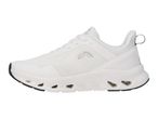 White athletic shoe with a mesh upper, white laces, and a distinctive cut-out sole design.