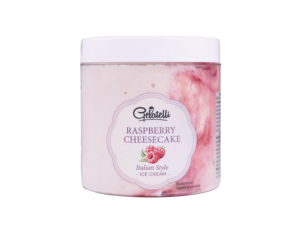 Înghețată cu aromă de cheesecake cu zmeură, stil italian, într-un recipient cu etichetă decorativă.