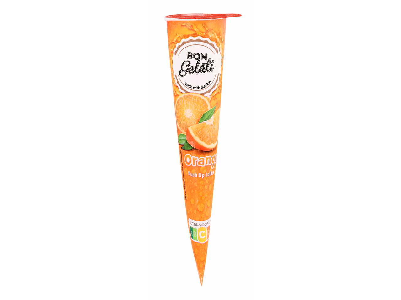 Bon Gelati pomarančni push-up sladoled v stožcu.