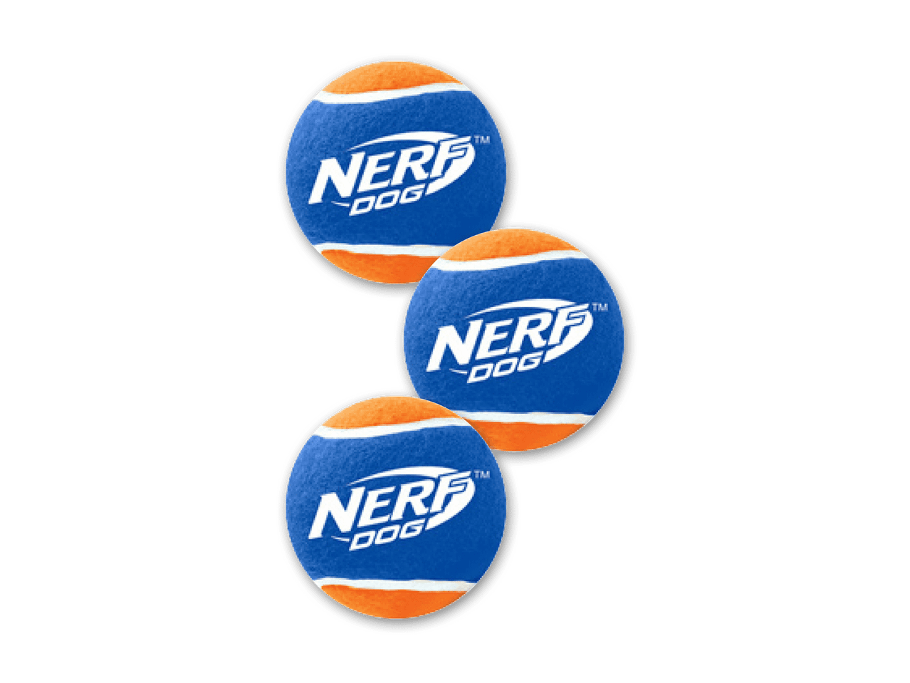 Drei NERF DOG Tennisbälle in Orange und Blau.