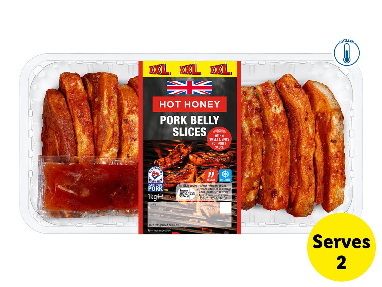 Hot honey pork belly slices with sauce, 1kg, serves 2.