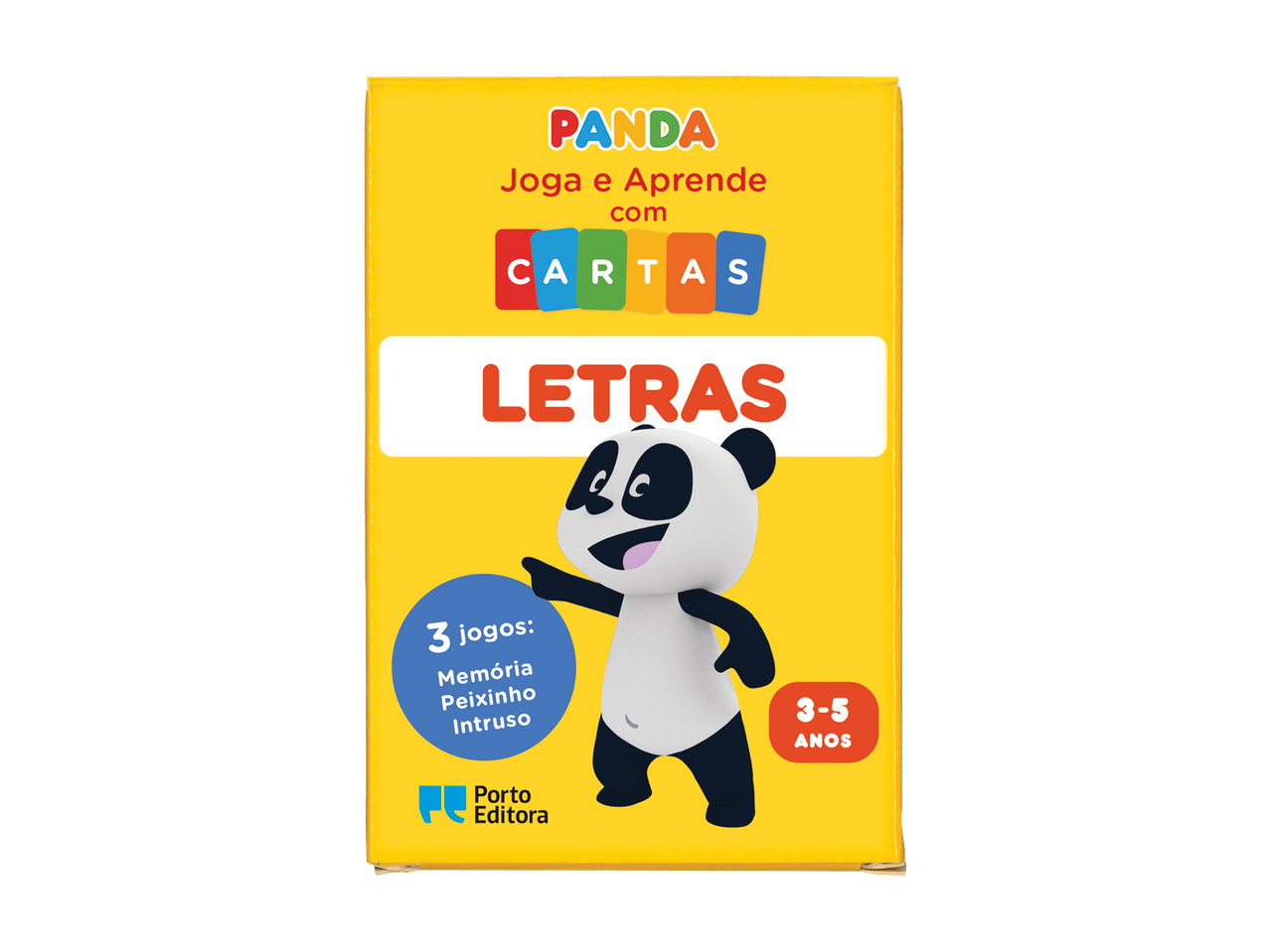 Panda Joga e Aprende Cartas Letras, um jogo de cartas para idades 3-5 com 3 jogos: Memória, Peixinho, Intruso.