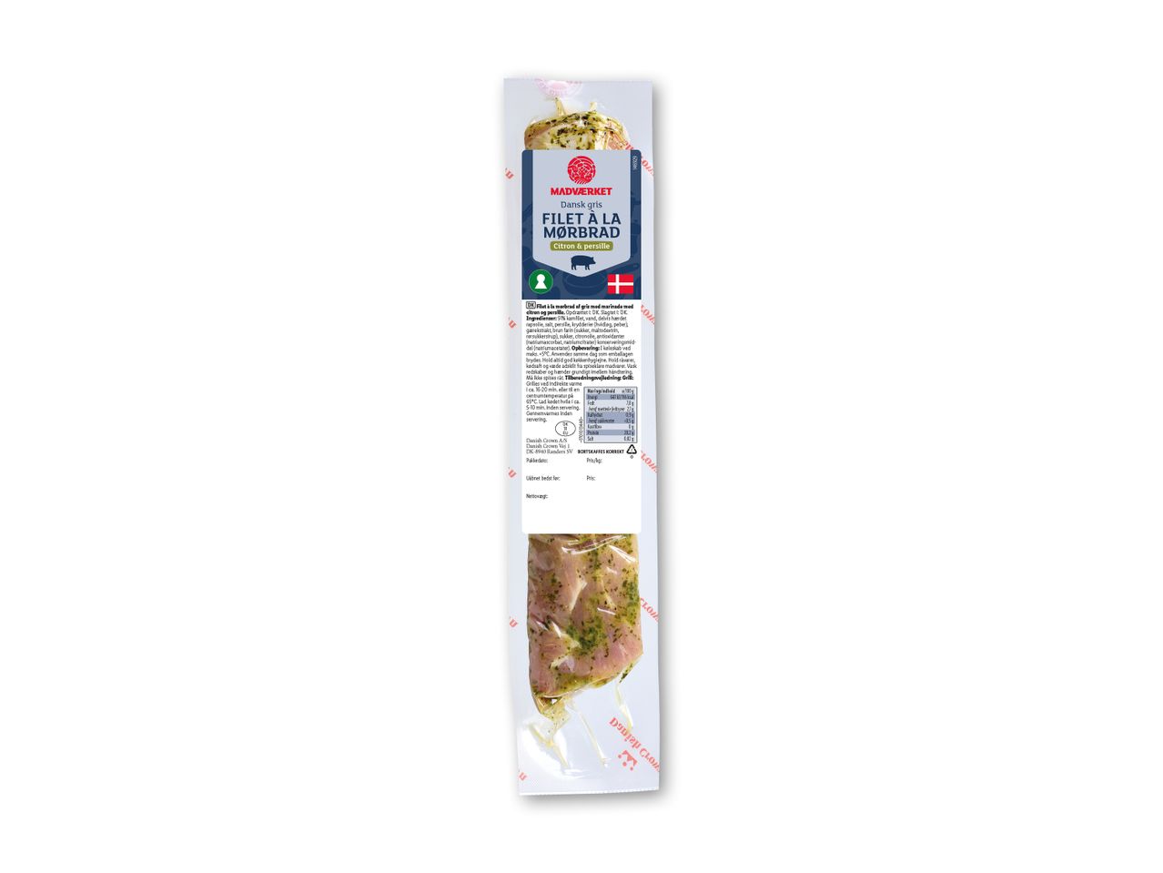 Pakket svinefilet med citron- og persillemarinade, med ernæringsoplysninger og tilberedningsvejledning.