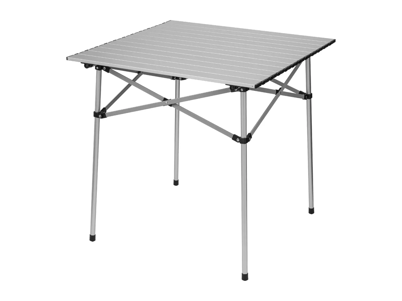 A silver aluminum folding camping table is shown against a white background.