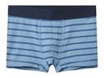 Men's striped boxer briefs in light blue with dark blue stripes and waistband.