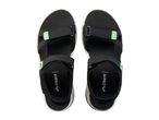 Pair of black sandals with light green accents, viewed from above.