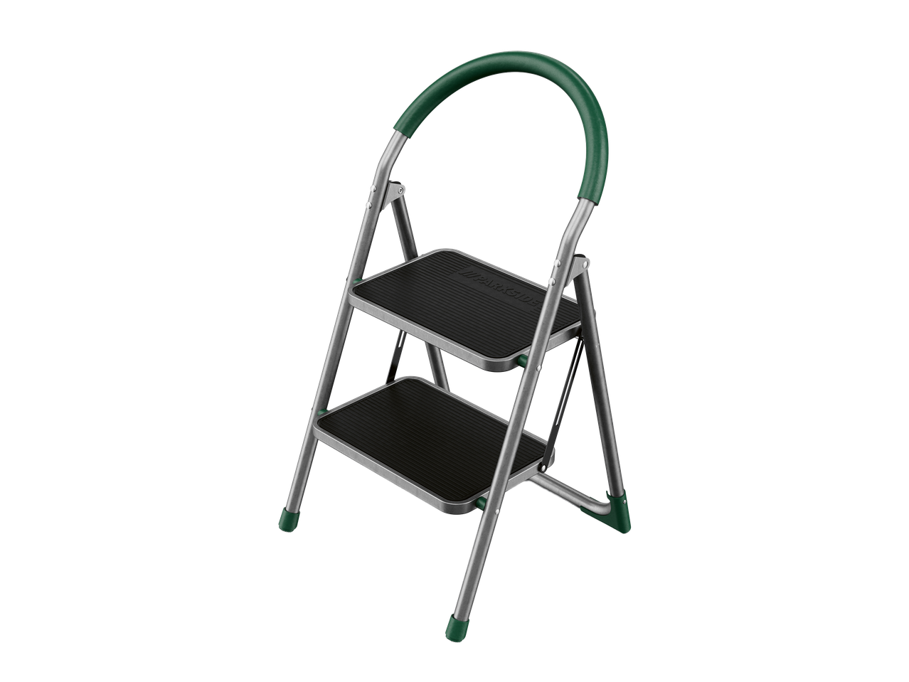 Sklopive ljestve s dva gazišta, metalnim okvirom i zelenim detaljima.