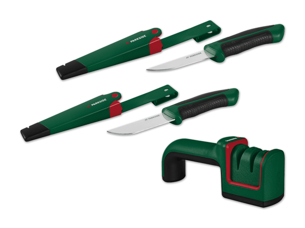 Zwei Parkside-Messer mit Scheiden und ein Messerschärfer.