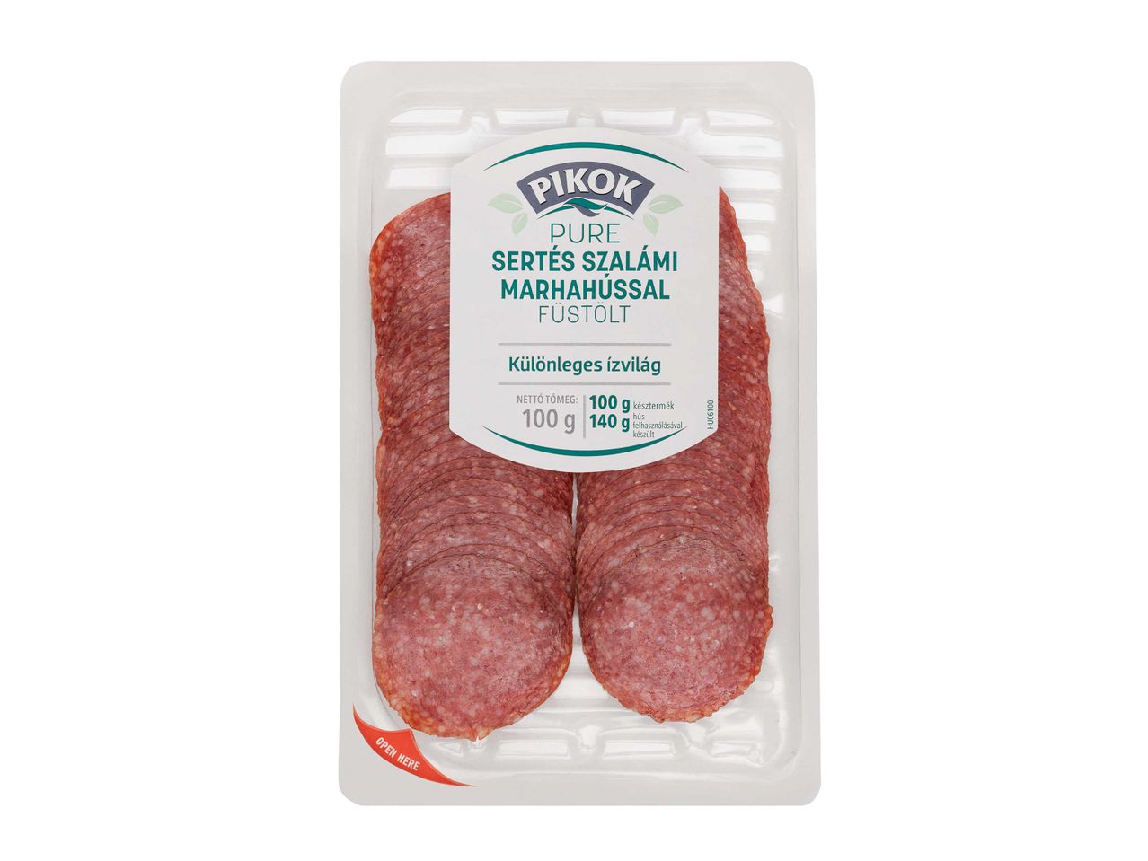 Pikok Pure sertés szalámi marhahússal, füstölt, szeletelt, vákuumcsomagolt.