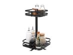 Two-tier black spice rack with various spice jars and oil/vinegar bottles