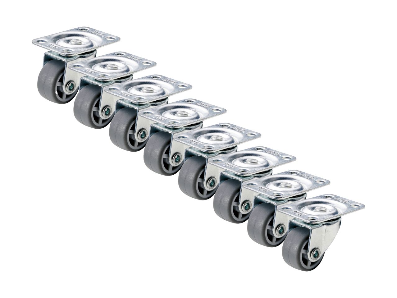 Six gray caster wheels with metal plates.