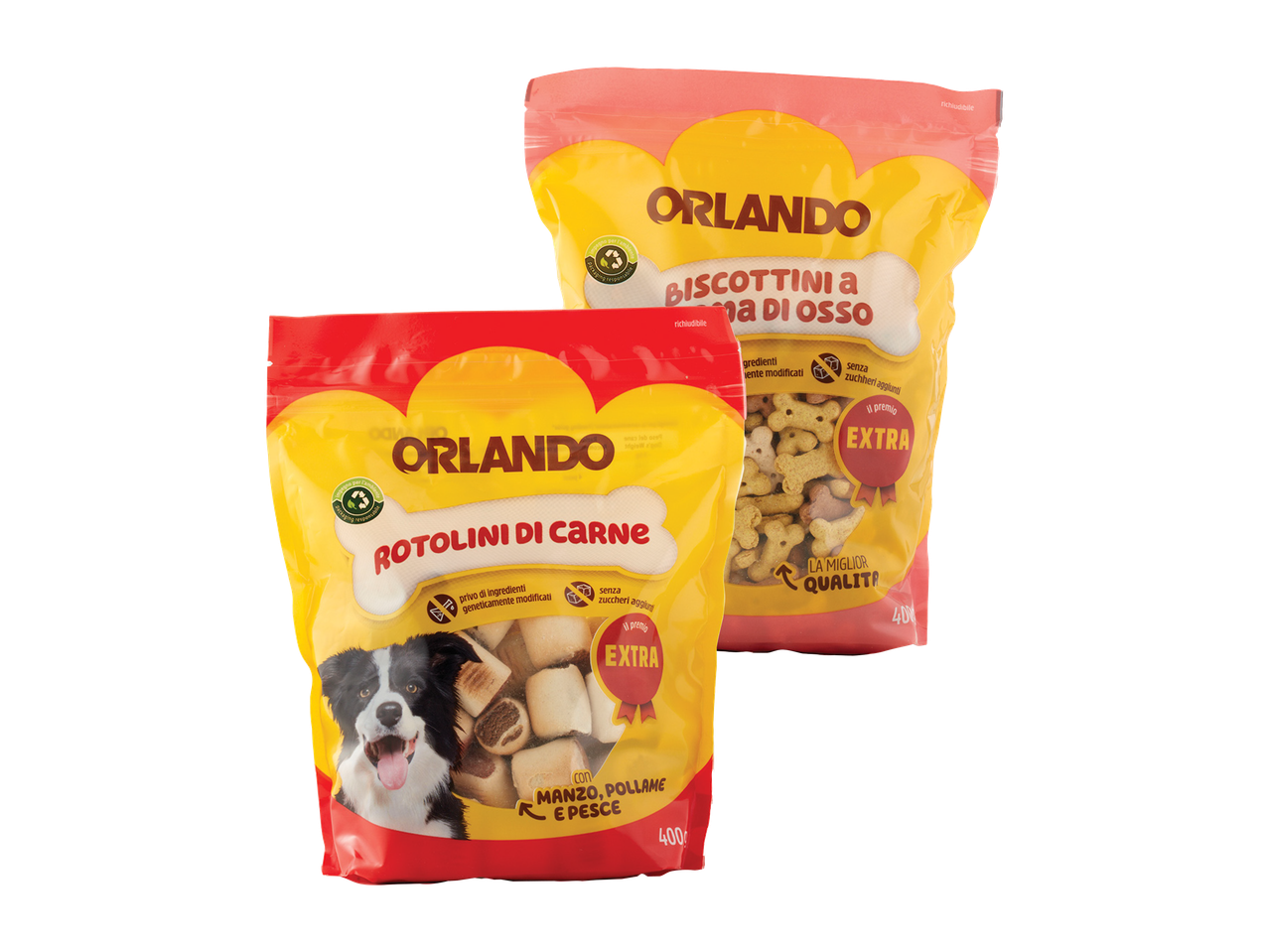 Orlando brand dog treats: bone-shaped biscuits and meat rolls in resealable bags.