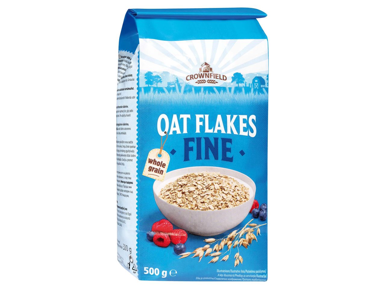 Crownfield finom zabpehely: 500 g teljes kiőrlésű zabpehely.