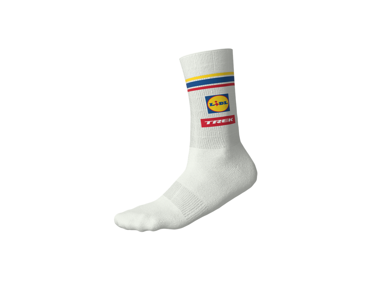 Șosete unisex CRIVIT albe cu dungi colorate și logo-urile Lidl și Trek.