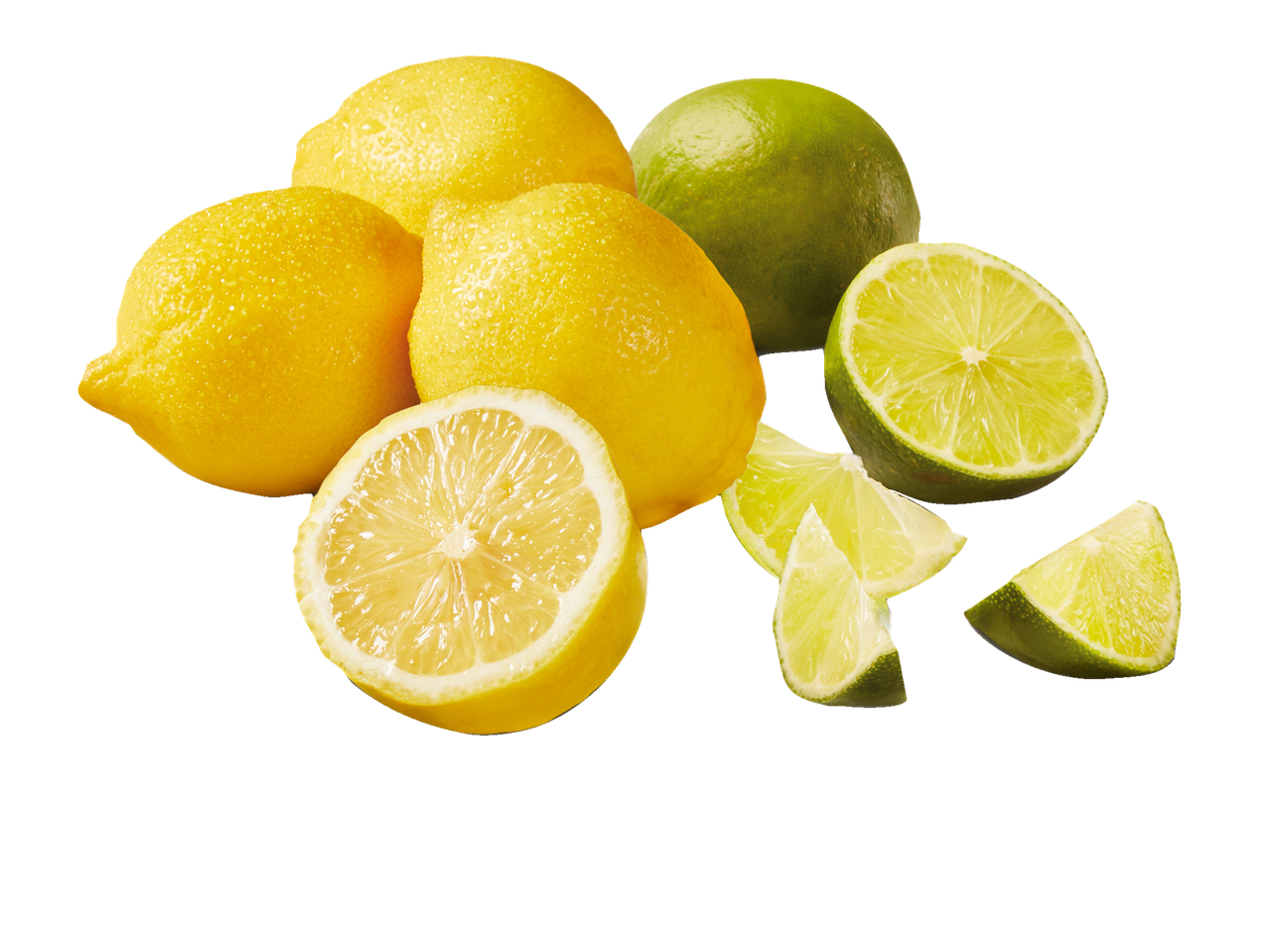 A mix of fresh lemons and limes, including whole and sliced fruit.