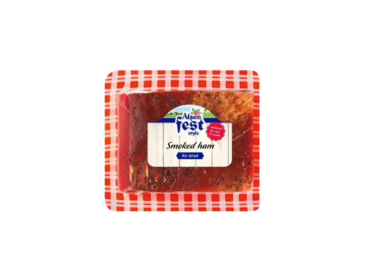 Alpen Fest Style Smoked Ham, air-dried and matured for 12 weeks, in a red and white checkered package.