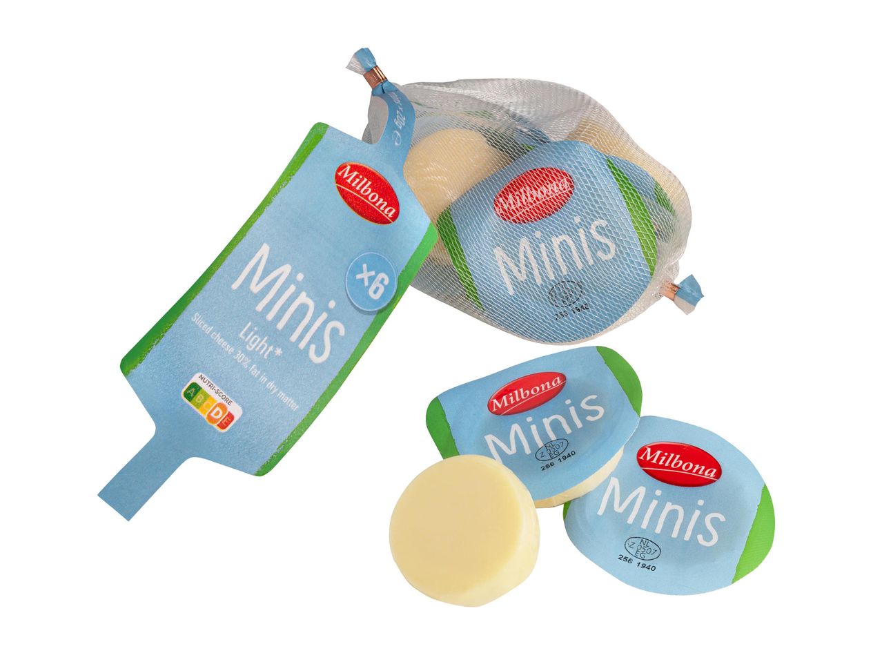 Milbona Minis Light szeletelt sajt: hálóban és külön-külön.