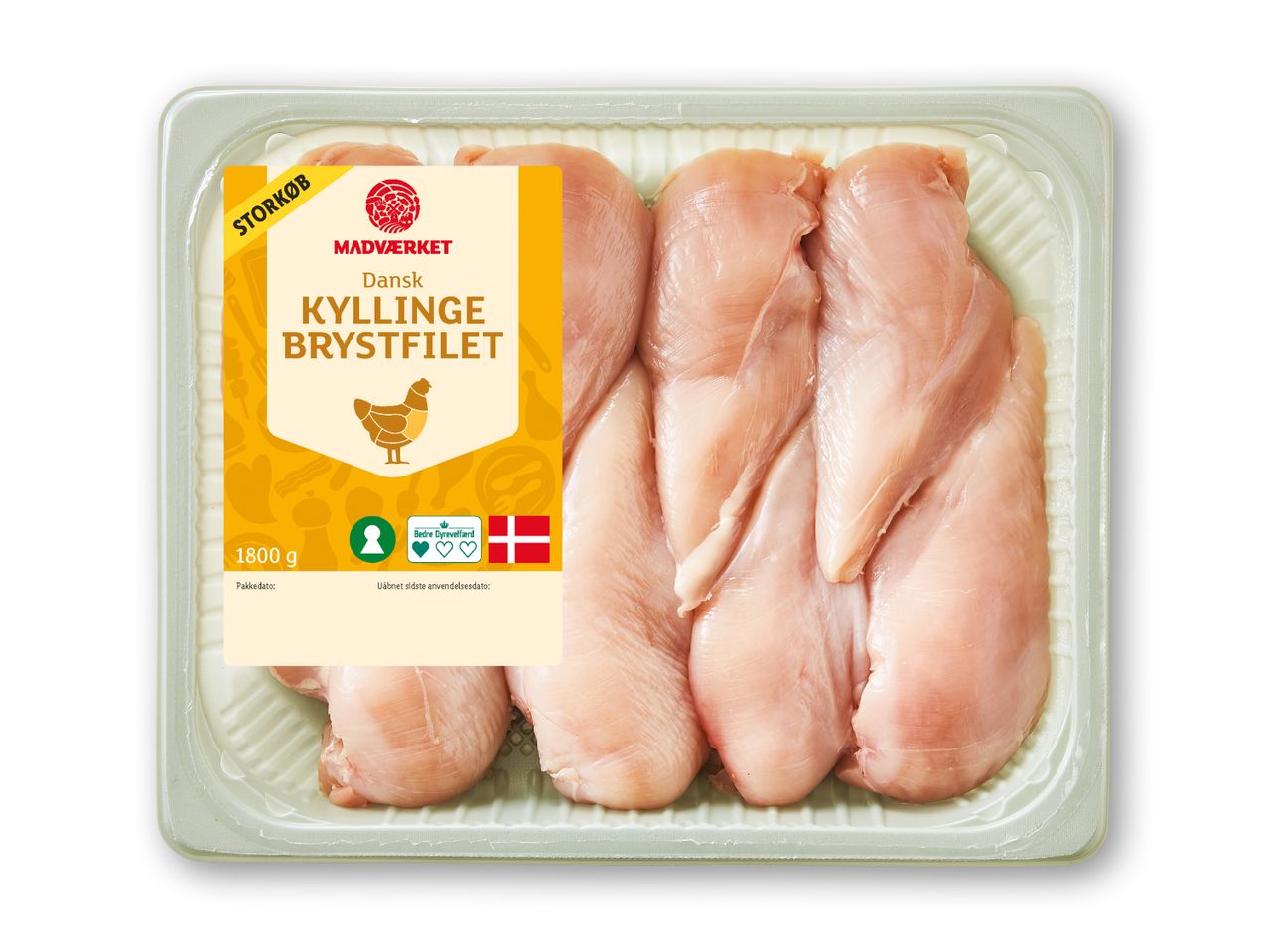 Pakke med dansk kyllingebrystfilet på 1800 g, mærket som 'STORKØB' og med dyrevelfærdsmærke.
