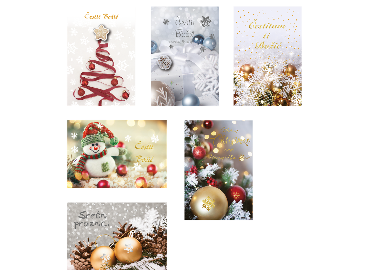 Crelando® set božićnih čestitki sa raznim motivima i porukama poput „Čestit Božić“ i „Merry Christmas“.