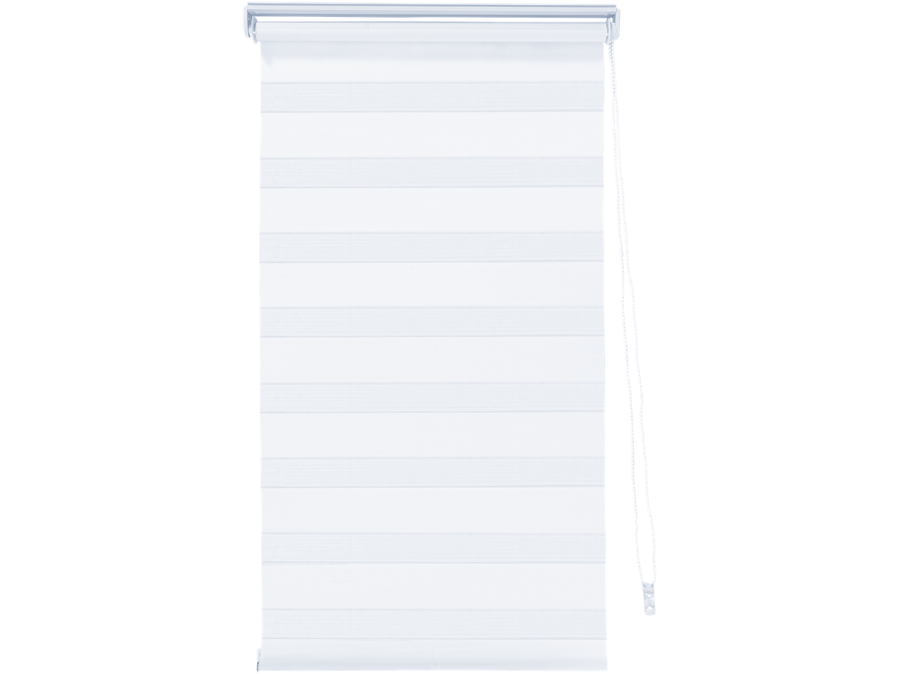 Bela rolo zavesa sa horizontalnim prugama i kanapom