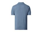Back view of a light blue men's knitted polo shirt with short sleeves.