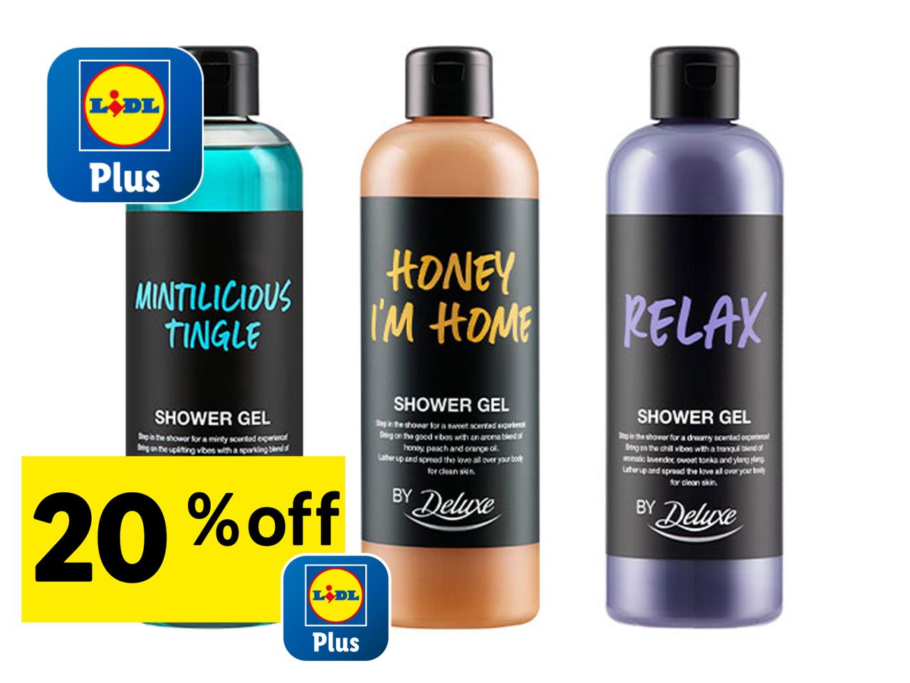 Lidl Plus offers 20% off three Relax shower gels: Replenish, Honey & Him, and Relax.