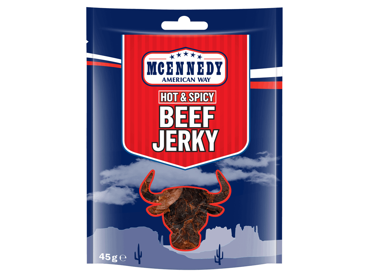Csípős marhahús jerky sivatagi tájképpel díszített kék csomagolásban.