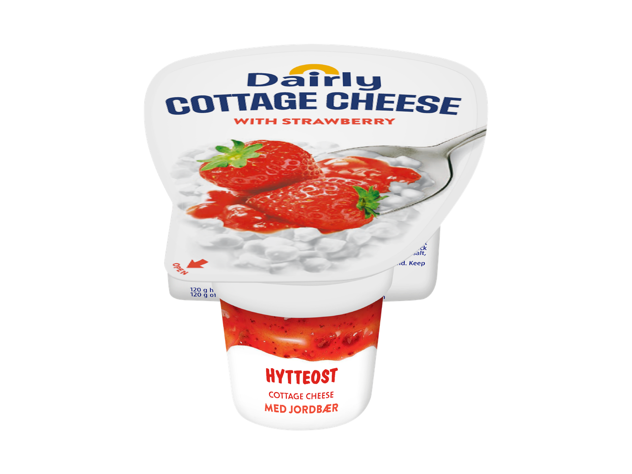 Опаковка извара с ягоди, с надпис „Cottage Cheese with Strawberry“ и „Hytteost Med Jordbær“.