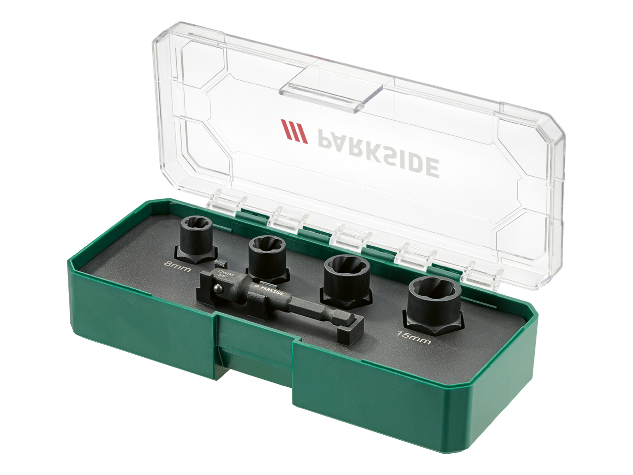 Set za uklanjanje oštećenih vijaka s 8mm i 15mm nastavcima u zelenoj kutiji.