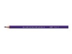 A sharpened purple coloring pencil with small bird footprints and text along its barrel.