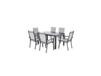 Conjunto de jantar exterior com mesa retangular cinzenta e seis cadeiras a condizer.