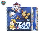 Paw Patrol spiral notebook with stickers, pencils, and a clear pencil case.