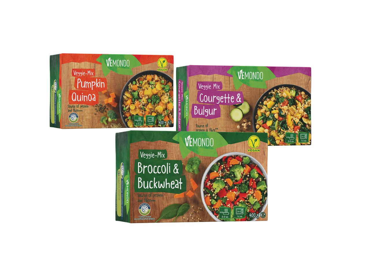 Tri kutije zamrznutih veganskih jela Vemondo: tikva i kinoja, tikvice i bulgur, brokoli i heljda.