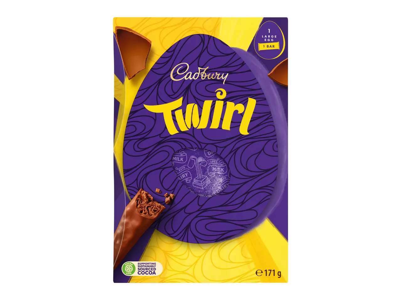 Purple and yellow Easter egg box with a large egg and a chocolate bar.