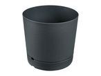 Dark grey cylindrical plant pot with a self-watering system, viewed from an angle.