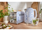 SilverCrest toaster and kettle with blue and white pattern.