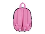 Pink backpack with black trim and a colorful star pattern on the sides, viewed from the back.