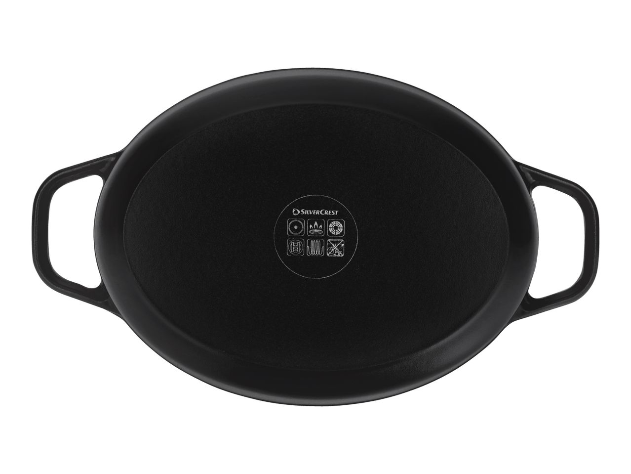 Bottom view of a black oval cast iron casserole dish with handles and cooking compatibility symbols.