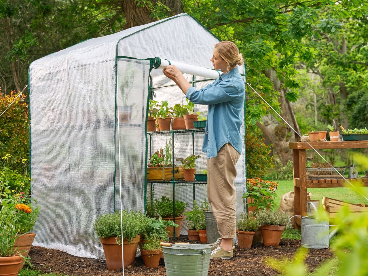Woman rolling up the door of a walk-in greenhouse filled with potted plants and herbs.