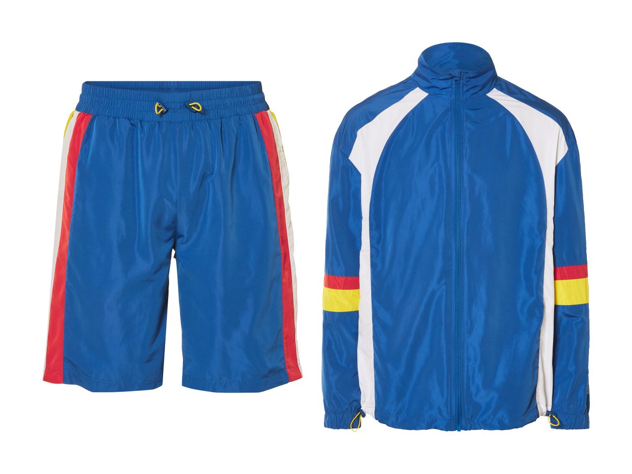 Blåt træningssæt med shorts og jakke med røde, gule og hvide striber.