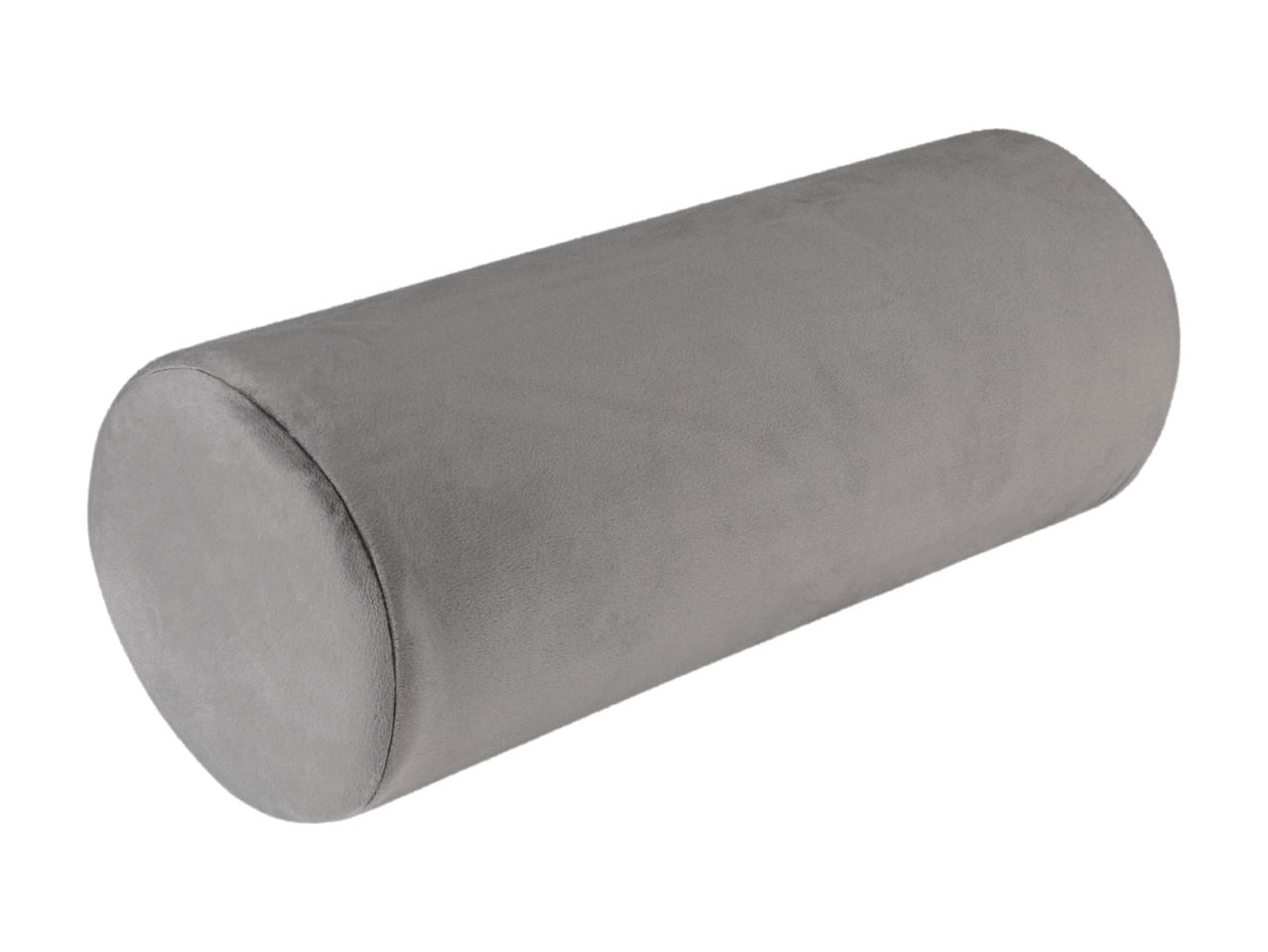 A gray cylindrical bolster pillow.